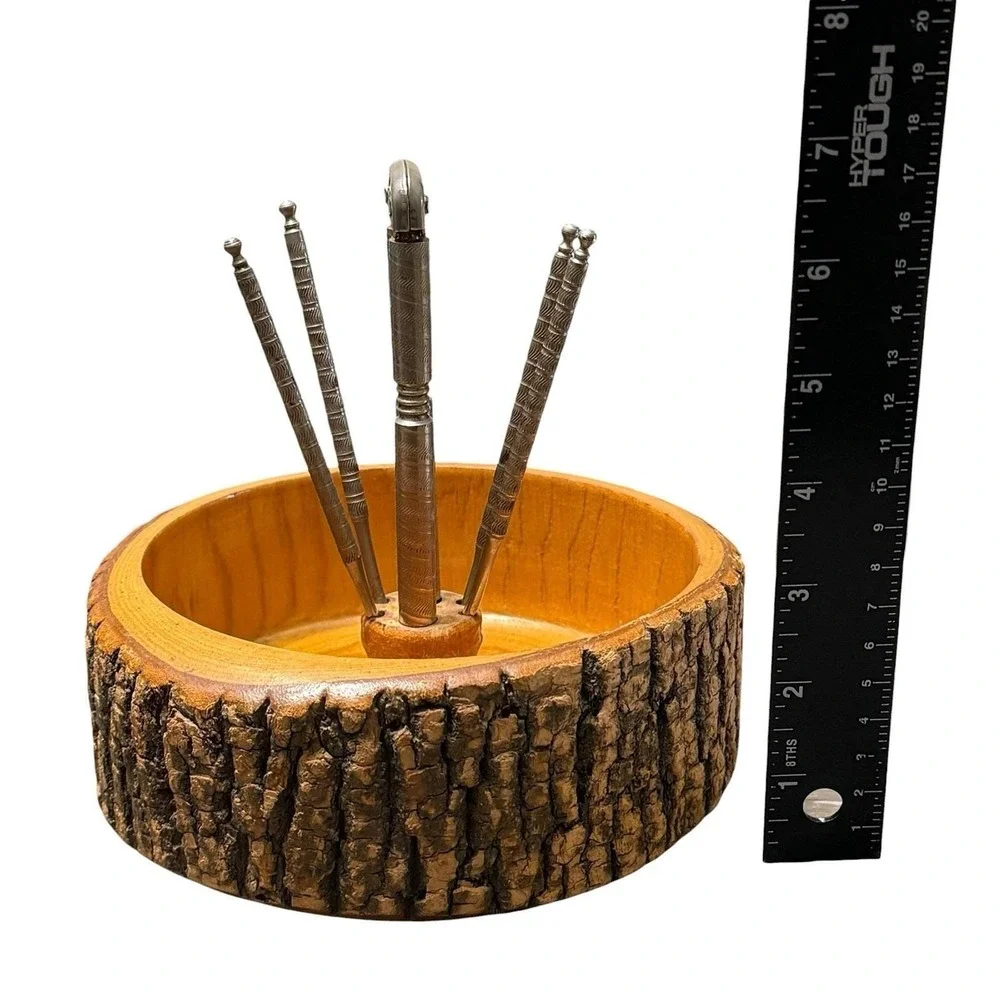 Vintage Nut Rustic Bark Wood Bowl With 4 Nut Picks & Nut Cracker Rustic MCM